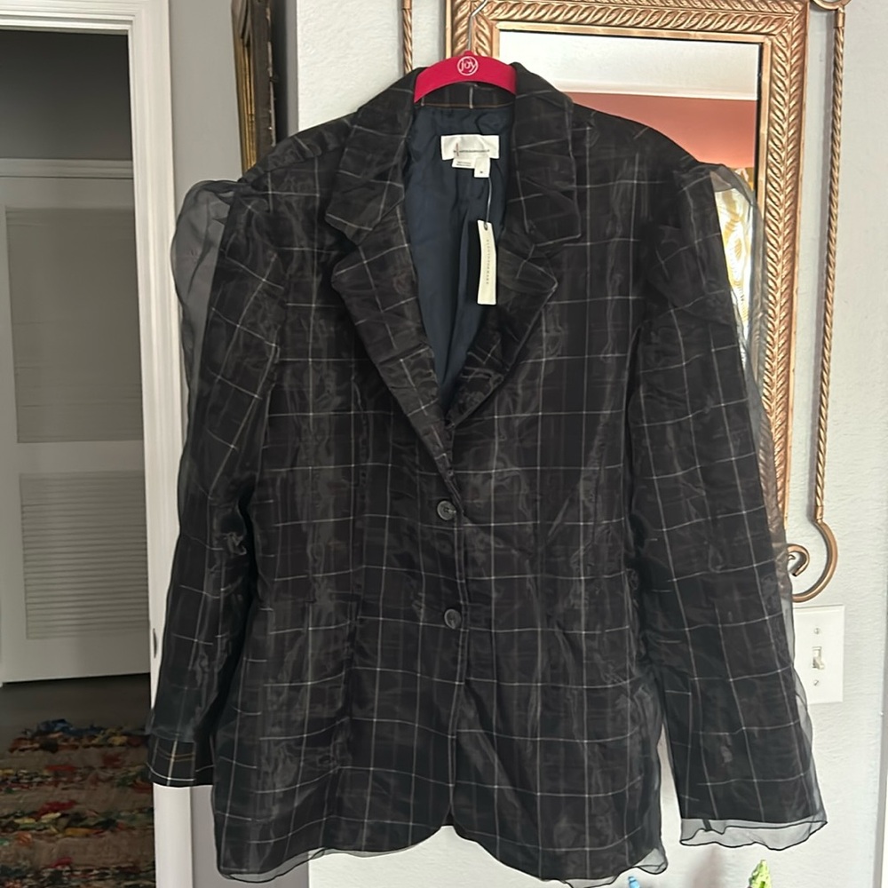NWT By Anthropologie Tulle Overlay Plaid Blazer Navy Medium